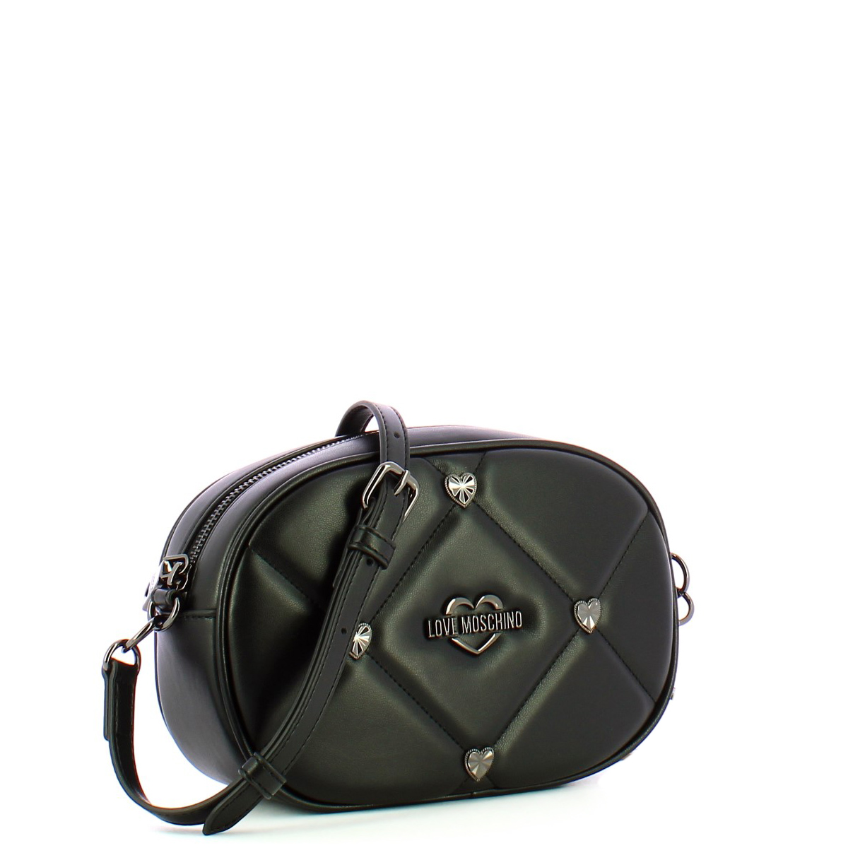 Love Moschino Camera Bag trapuntata Jewel Heart Nero Studs Fucile - 2