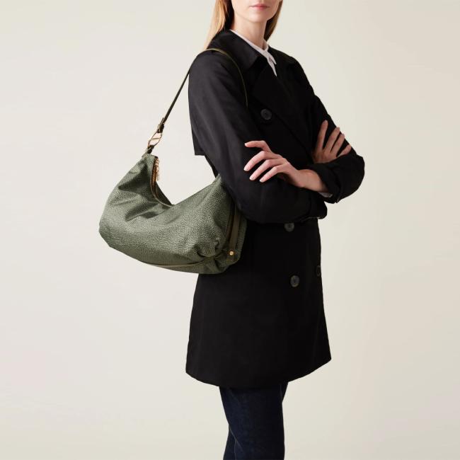 Borbonese Hobo Bag Bond Medium Verde Militare - 2