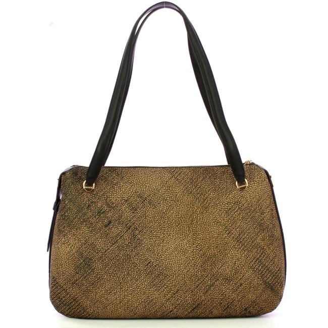 Borbonese Borsa a spalla Oyster Large in tela rivestita OP Naturale Nero - 3